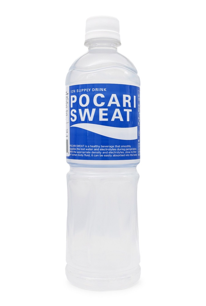 A bottle of Pocari Sweat, Otsuka's pale blue ion supply drink